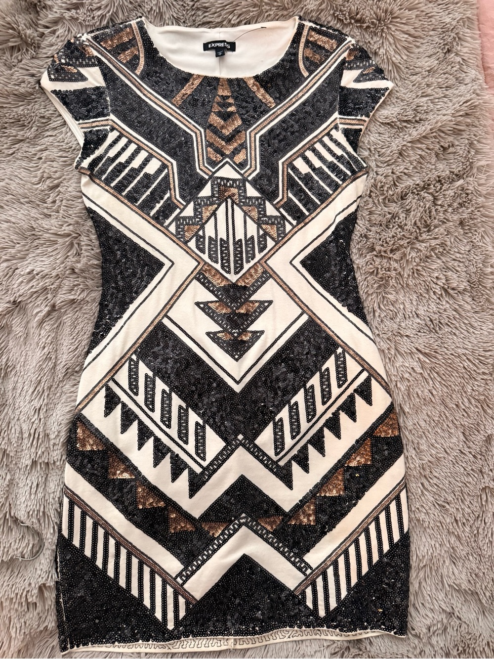 Express Cream, Black & Gold Sequin Geometric Bodycon Dress